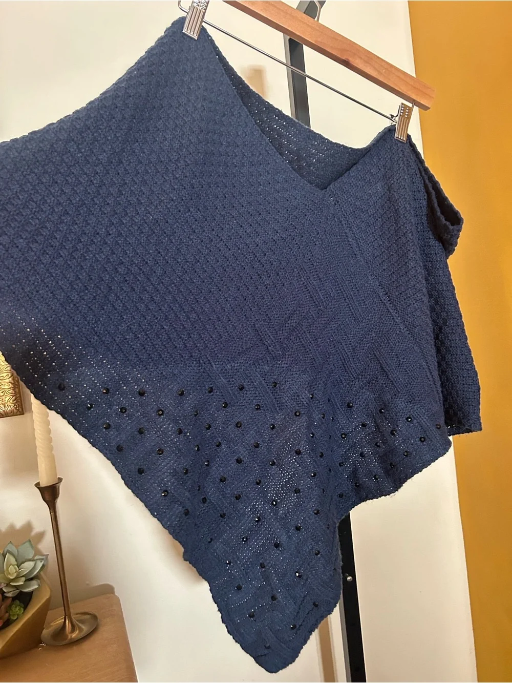 Wool Knit Poncho V-Neck Embellished Capelet Sweater Navy Blue Shawl One Size